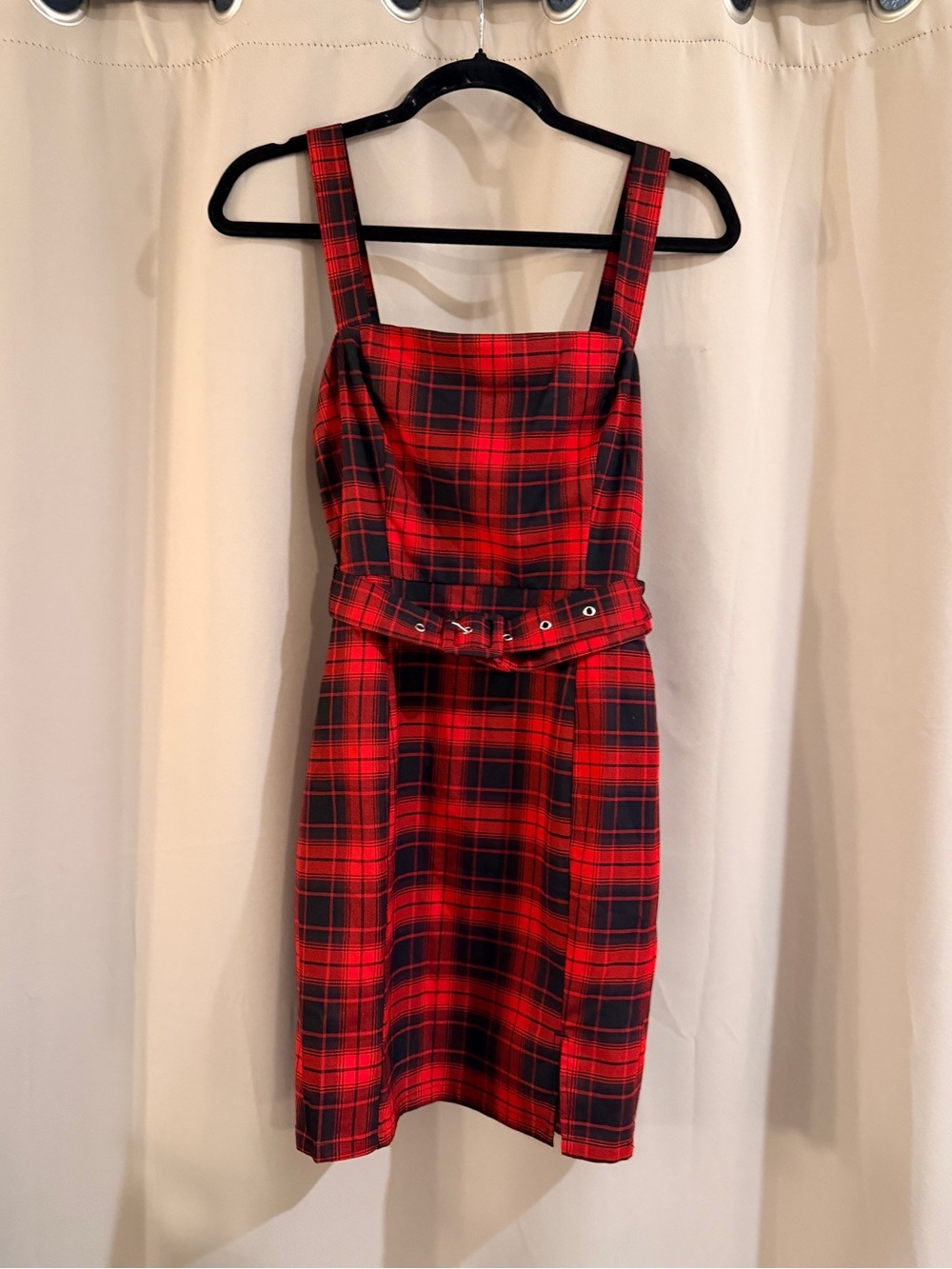 H&M Red Plaid Belted Square-Neck Dress